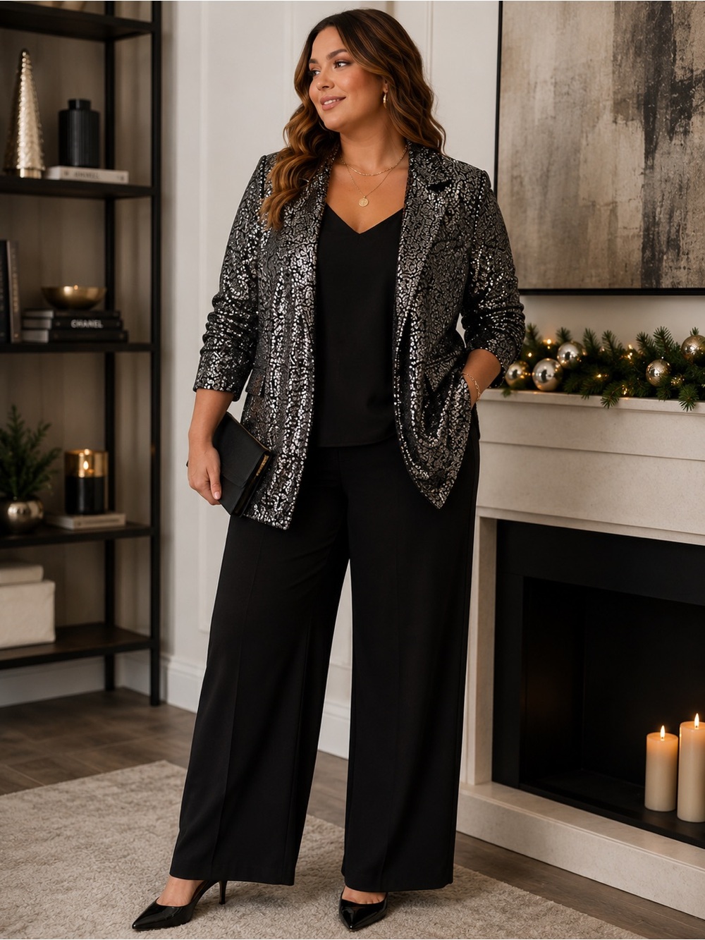 Melrose and Market Black Gunmetal Sequin Blazer Open Front Notched Lapel XL